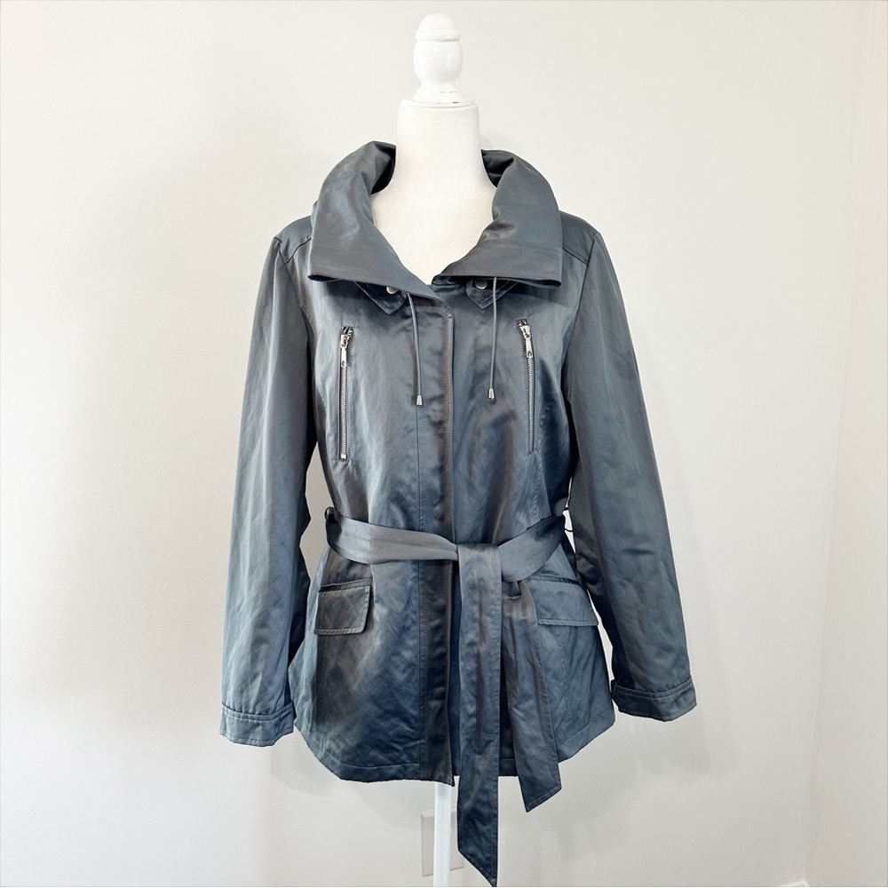 Lafayette 148 New York Metallic Button Zip Anorak Belted Jacket Silver Metal 10